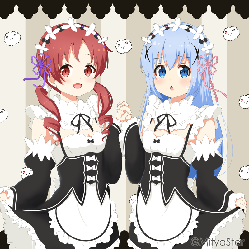 2girls :d apron bangs black_dress black_sleeves blue_eyes blue_hair blush breasts chestnut_mouth commentary_request cosplay detached_sleeves dress eyebrows_visible_through_hair frilled_apron frilled_sleeves frills gochuumon_wa_usagi_desu_ka? hair_between_eyes juliet_sleeves kafuu_chino long_hair long_sleeves low_twintails maid maid_day miicha multiple_girls natsu_megumi open_mouth parted_lips puffy_sleeves ram_(re:zero) ram_(re:zero)_(cosplay) re:zero_kara_hajimeru_isekai_seikatsu red_eyes redhead rem_(re:zero) rem_(re:zero)_(cosplay) roswaal_mansion_maid_uniform seiyuu_connection sleeveless sleeveless_dress sleeves_past_wrists small_breasts smile striped striped_background sweat tippy_(gochiusa) twintails twitter_username vertical_stripes very_long_hair waist_apron white_apron