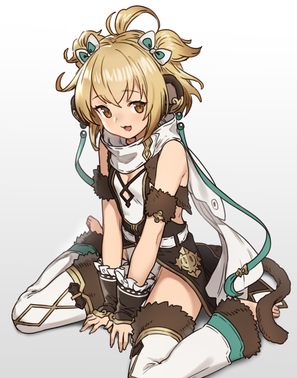 1girl andira_(granblue_fantasy) animal_ears bangs blonde_hair blush breasts brown_eyes erune granblue_fantasy highres houtengeki looking_at_viewer monkey_ears monkey_girl monkey_tail open_mouth short_hair sitting small_breasts tail thighs twintails two_side_up wariza