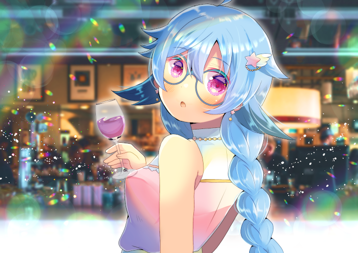 1girl :o alcohol bangs bare_shoulders blue-framed_eyewear blue_hair blurry blurry_background blush braid breasts character_request commentary_request cup depth_of_field drinking_glass eyebrows_visible_through_hair glasses hair_between_eyes hair_ornament hand_up holding holding_cup indie_virtual_youtuber kouu_hiyoyo long_hair looking_at_viewer looking_back parted_lips pink_shirt round_eyewear shirt single_braid sleeveless sleeveless_shirt small_breasts solo star_(symbol) star_hair_ornament violet_eyes wine wine_glass