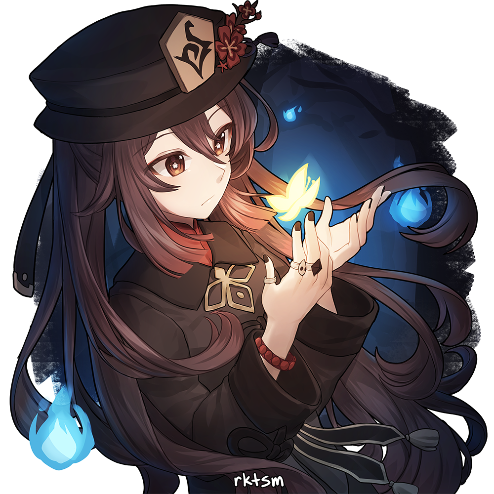 1girl artist_name bangs black_headwear brown_eyes brown_hair brown_nails bug butterfly chinese_clothes commentary flower flower-shaped_pupils genshin_impact hat hat_flower hitodama hu_tao insect jewelry long_hair long_sleeves looking_at_animal multiple_rings nail_polish red_flower ring rktsm solo thumb_ring twintails upper_body very_long_hair wristband yellow_butterfly