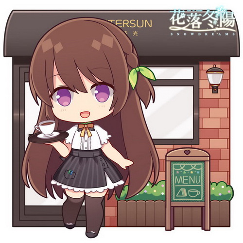 1girl :d bangs black_footwear black_legwear black_skirt blush braid brick_wall brown_hair character_request chibi coffee copyright_name cup eyebrows_visible_through_hair green_ribbon hair_between_eyes hair_ribbon hitsuki_rei holding holding_tray long_hair looking_at_viewer lowres menu_board open_mouth puffy_short_sleeves puffy_sleeves ribbon saucer shirt shoes short_sleeves skirt smile snowdreams_-lost_in_winter- solo standing standing_on_one_leg striped thigh-highs tray vertical-striped_skirt vertical_stripes very_long_hair violet_eyes watermark white_shirt