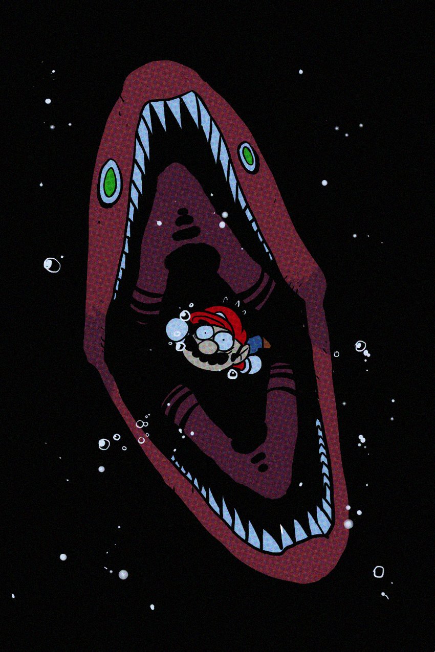 1boy air_bubble animal black_background bubble eel fangs green_eyes hat highres looking_at_viewer mario super_mario_bros. open_mouth rariatto_(ganguri) simple_background solo super_mario_64 teeth underwater