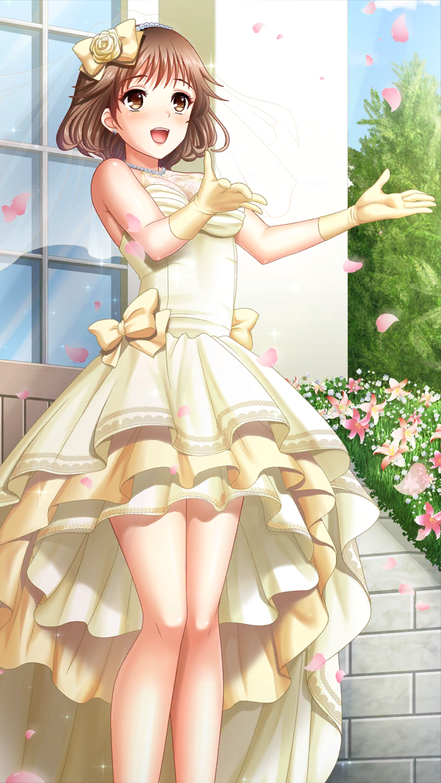 1girl :d bangs bow brown_eyes brown_hair day doukyuusei_another_world dress earrings game_cg gloves hairband jewelry kakyuusei layered_dress mochida_mahoko official_art open_mouth outdoors petals shiny shiny_hair short_hair sleeveless sleeveless_dress smile solo standing wedding_dress yellow_bow yellow_dress yellow_gloves yellow_hairband