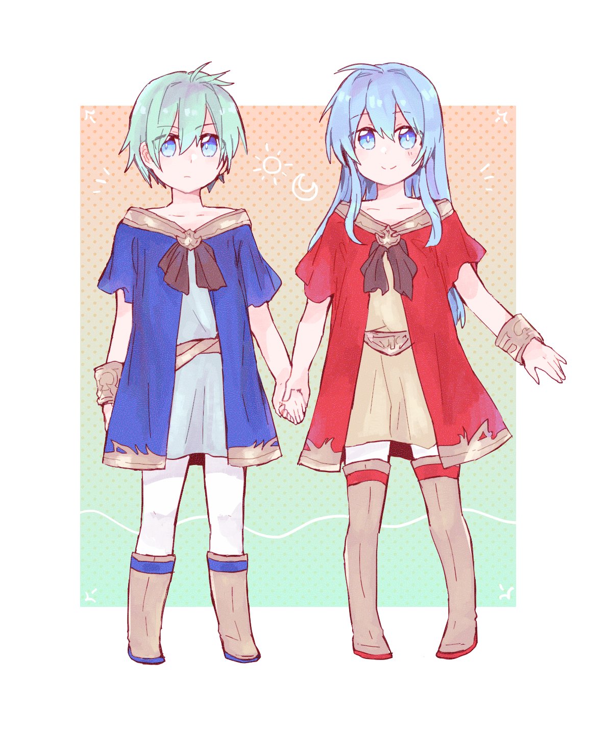 1boy 1girl :| aqua_eyes aqua_hair bangs boots bracelet closed_mouth eirika_(fire_emblem) ephraim_(fire_emblem) eyebrows_visible_through_hair fire_emblem fire_emblem:_the_sacred_stones fire_emblem_heroes full_body hair_between_eyes highres holding_hands jewelry ku_zensen long_hair looking_at_viewer short_hair siblings sidelocks smile thigh-highs thigh_boots twins younger