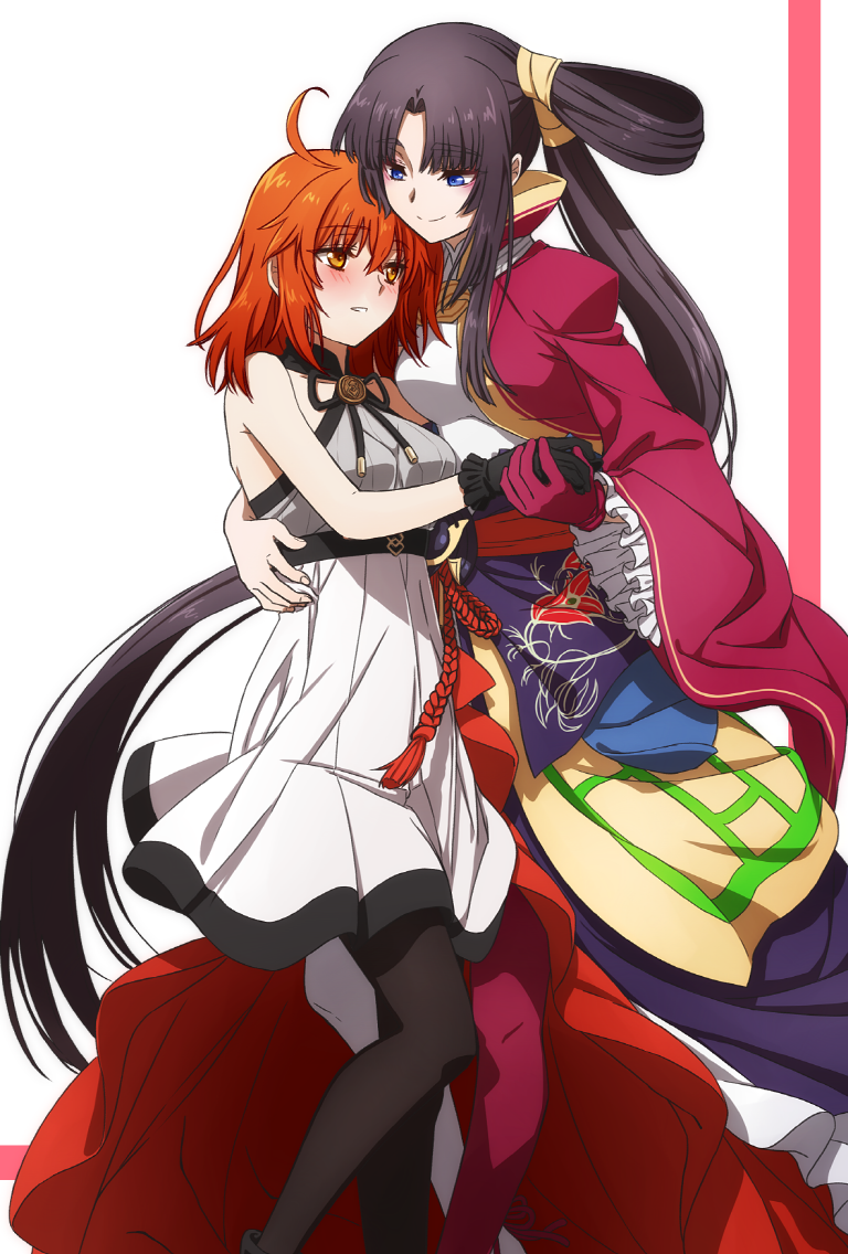 2girls ahoge armor bangs belt black_hair blue_eyes breasts dress fate/grand_order fate_(series) fujimaru_ritsuka_(female) hair_bun hair_ornament hair_scrunchie japanese_clothes kimono long_hair long_sleeves lostroom_outfit_(fate) medium_breasts multiple_girls oiun one_side_up open_mouth orange_eyes orange_hair parted_bangs scrunchie short_hair side_bun side_ponytail sidelocks smile thighs ushiwakamaru_(fate) very_long_hair white_dress