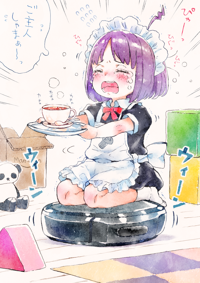 1girl ahoge apron bangs black_dress blush box brown_background cardboard_box closed_eyes collared_dress commentary_request crying cup dress emphasis_lines flying_sweatdrops gomennasai holding holding_tray maid maid_apron maid_headdress no_shoes open_mouth original outstretched_arm puffy_short_sleeves puffy_sleeves purple_hair roomba saucer short_sleeves socks solo spoon stuffed_animal stuffed_panda stuffed_toy tears translation_request tray upper_teeth white_legwear wooden_floor