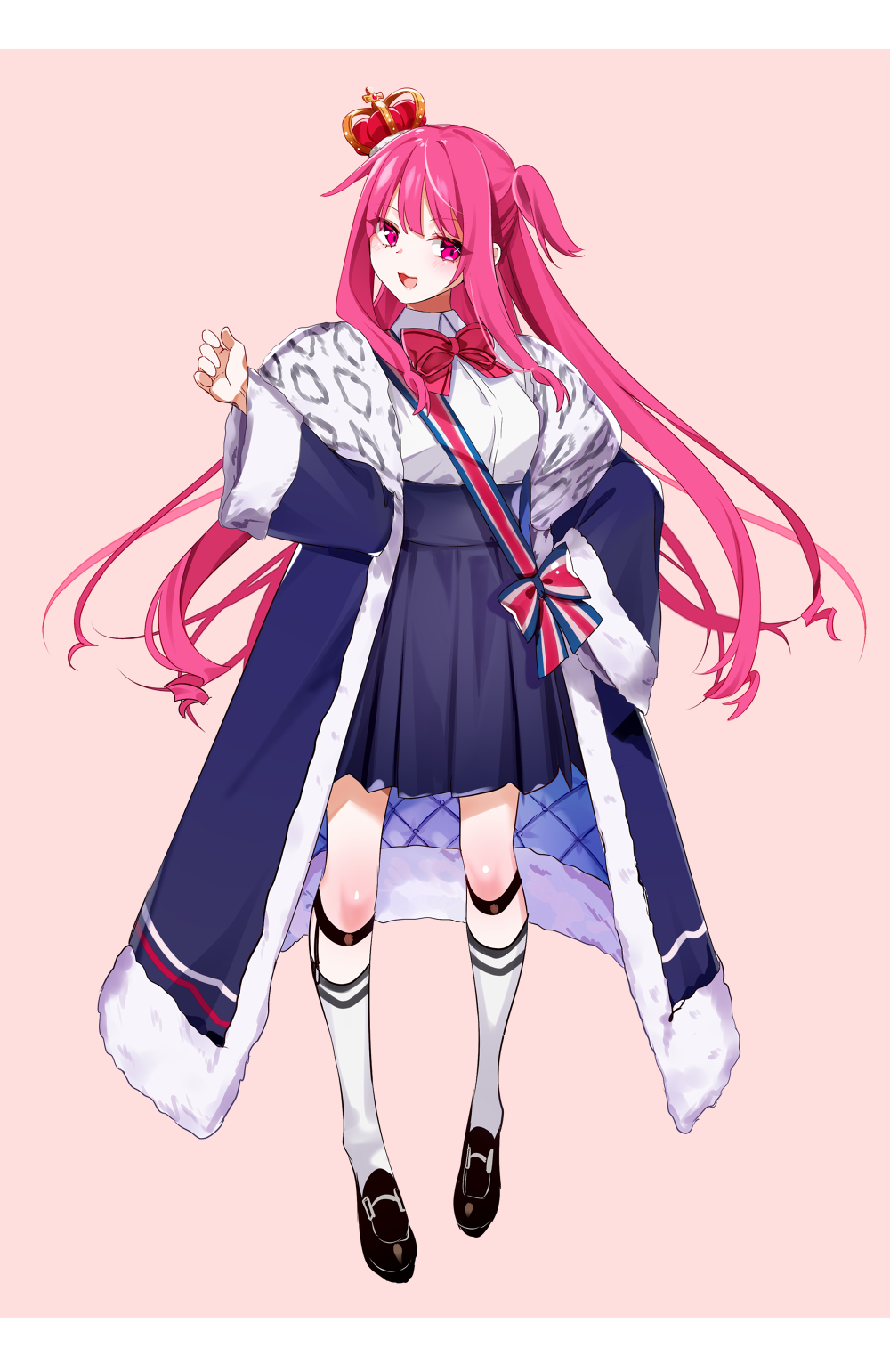 1girl :d black_footwear blue_coat blue_skirt bow breasts coat collared_shirt crown dress_shirt full_body fur-trimmed_sleeves fur_trim highres kneehighs kotonoha_akane loafers long_hair long_sleeves looking_at_viewer mini_crown one_side_up open_clothes open_coat open_mouth pink_background pleated_skirt purple_hair red_bow red_eyes shirt shoes simple_background skirt small_breasts smile solo standing tilted_headwear very_long_hair voiceroid white_legwear white_shirt wide_sleeves yodare_(3yami8)