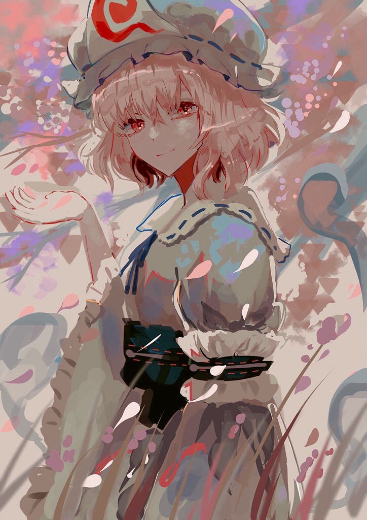 1girl bad_hand bangs blue_kimono cherry_blossoms eyebrows_behind_hair flower hand_up hat japanese_clothes kimono light_smile looking_at_viewer mob_cap one-hour_drawing_challenge outdoors pink_eyes pink_flower pink_hair rin_(rin7kan7) saigyouji_yuyuko short_hair solo touhou triangular_headpiece upper_body