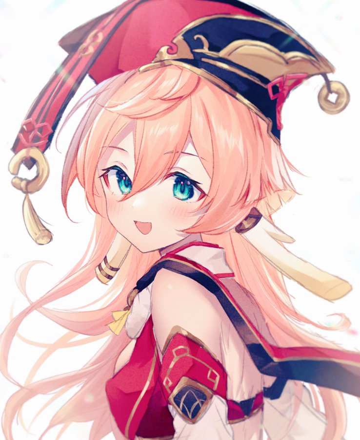 1girl :d antlers aqua_eyes bare_shoulders blush cropped_jacket detached_sleeves face from_side genshin_impact gyozanuko hair_between_eyes jacket long_sleeves open_mouth pink_hair red_headwear red_jacket simple_background sleeveless sleeveless_jacket smile solo white_background yanfei_(genshin_impact)