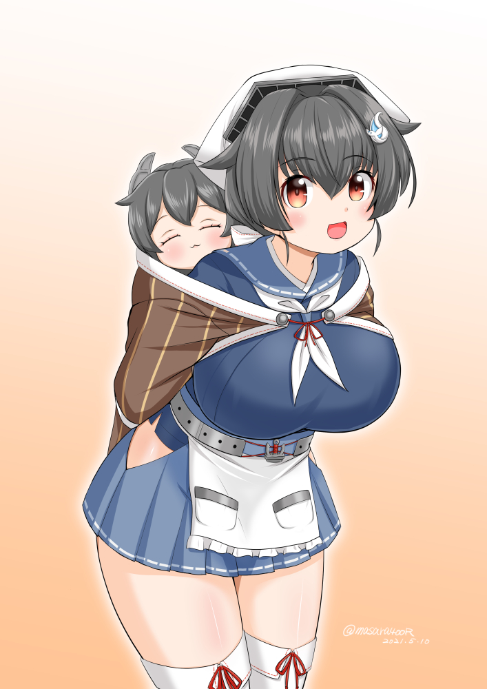 2girls :3 apron arms_behind_back baby bandana bangs black_hair blue_sailor_collar blue_skirt boots breasts brown_shawl closed_eyes dated eyebrows_visible_through_hair gradient gradient_background hair_between_eyes hair_flaps hair_ornament headgear holding holding_baby huge_breasts i-47_(kancolle) jingei_(kancolle) kantai_collection masara_(chuujou) multiple_girls neckerchief open_mouth pleated_skirt red_eyes sailor_collar shawl simple_background skirt thigh-highs thigh_boots twitter_username waist_apron whale_hair_ornament white_neckwear younger