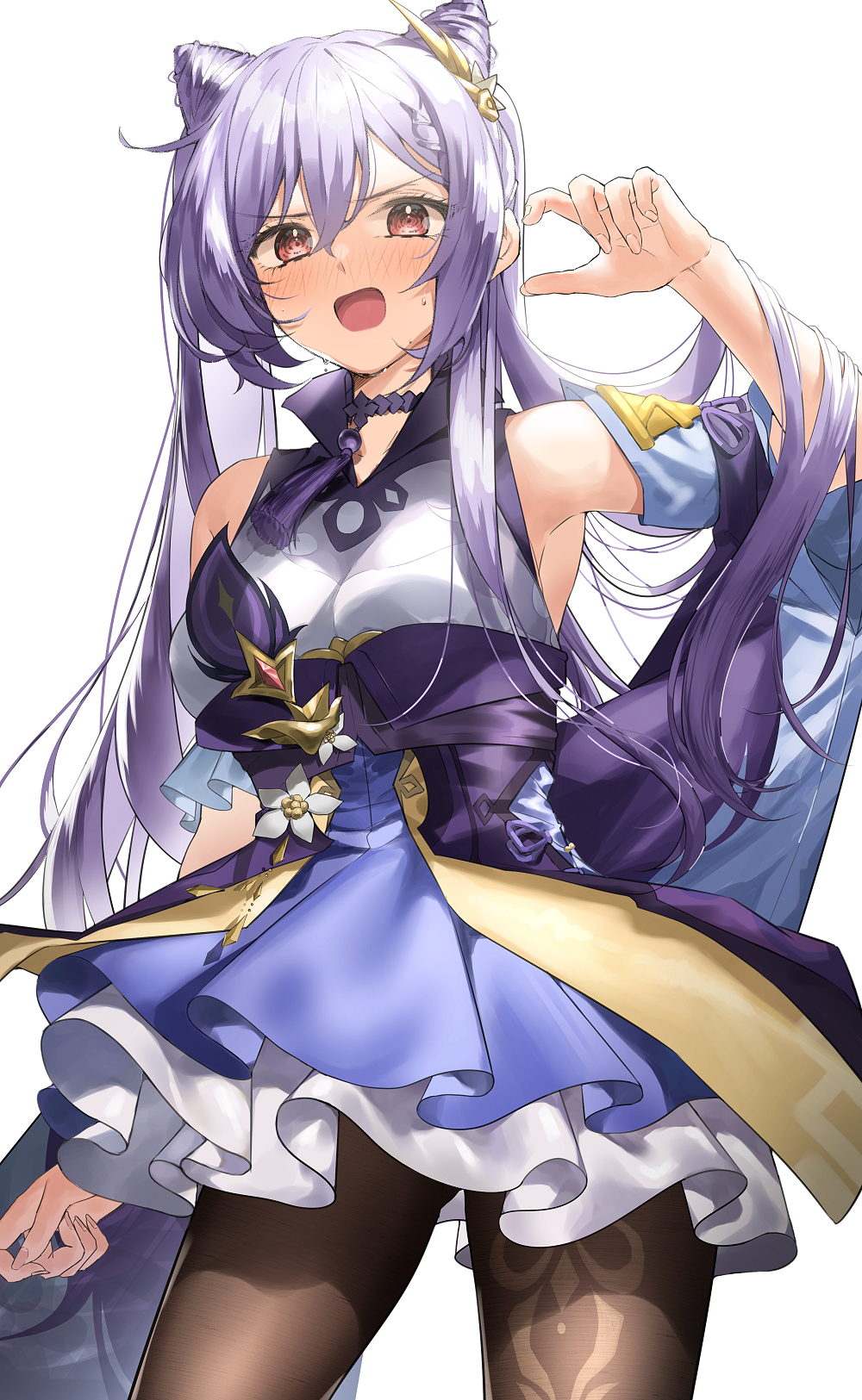 1girl arm_up armpits breasts choker cowboy_shot detached_sleeves dress genshin_impact hair_cones hair_ornament highres keqing_(genshin_impact) long_hair looking_at_viewer open_mouth pantyhose purple_dress purple_hair ran_s200 short_dress short_sleeves small_breasts solo standing sweat twintails v-shaped_eyebrows violet_eyes