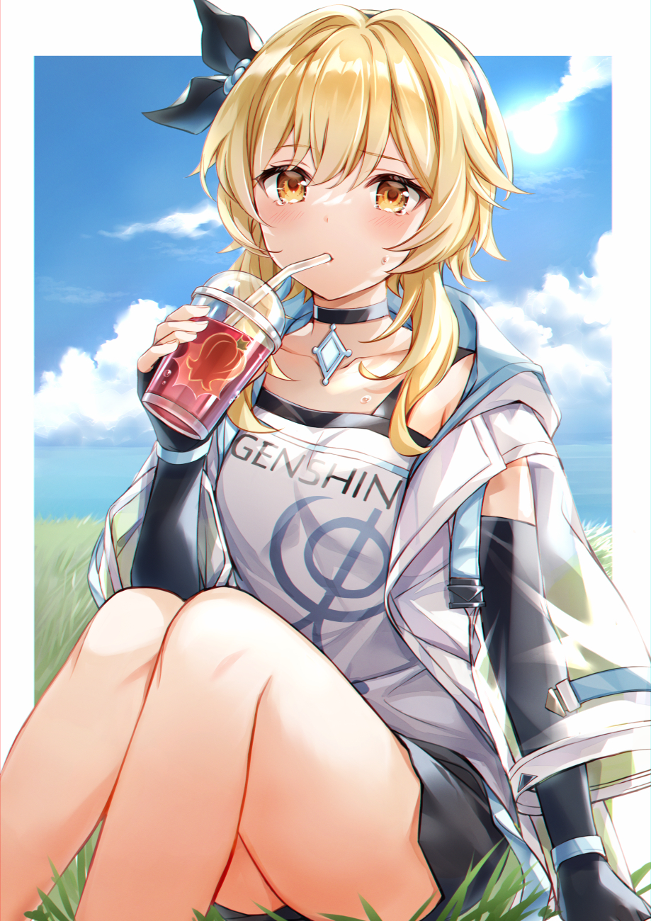 1girl bangs blonde_hair blue_sky blush breasts clothes_writing commentary_request contemporary copyright_name genshin_impact highres large_breasts looking_at_viewer lumine_(genshin_impact) medium_hair sidelocks sky solo thighs yellow_eyes yumesaki