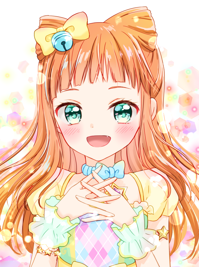 1girl :d aikatsu!_(series) aikatsu_stars! argyle armlet bangs bell blue_choker blunt_bangs blurry blush bokeh bow bow_choker choker depth_of_field fang green_eyes hair_bell hair_bow hair_cones hair_ornament hand_on_own_chest idol_clothes lens_flare light_particles long_hair looking_at_viewer multicolored_blouse open_mouth orange_hair saotome_ako see-through_sleeves short_sleeves smile solo star_bracelet tiramisu651 twitter_username upper_body wrist_cuffs yellow_bow yellow_sleeves