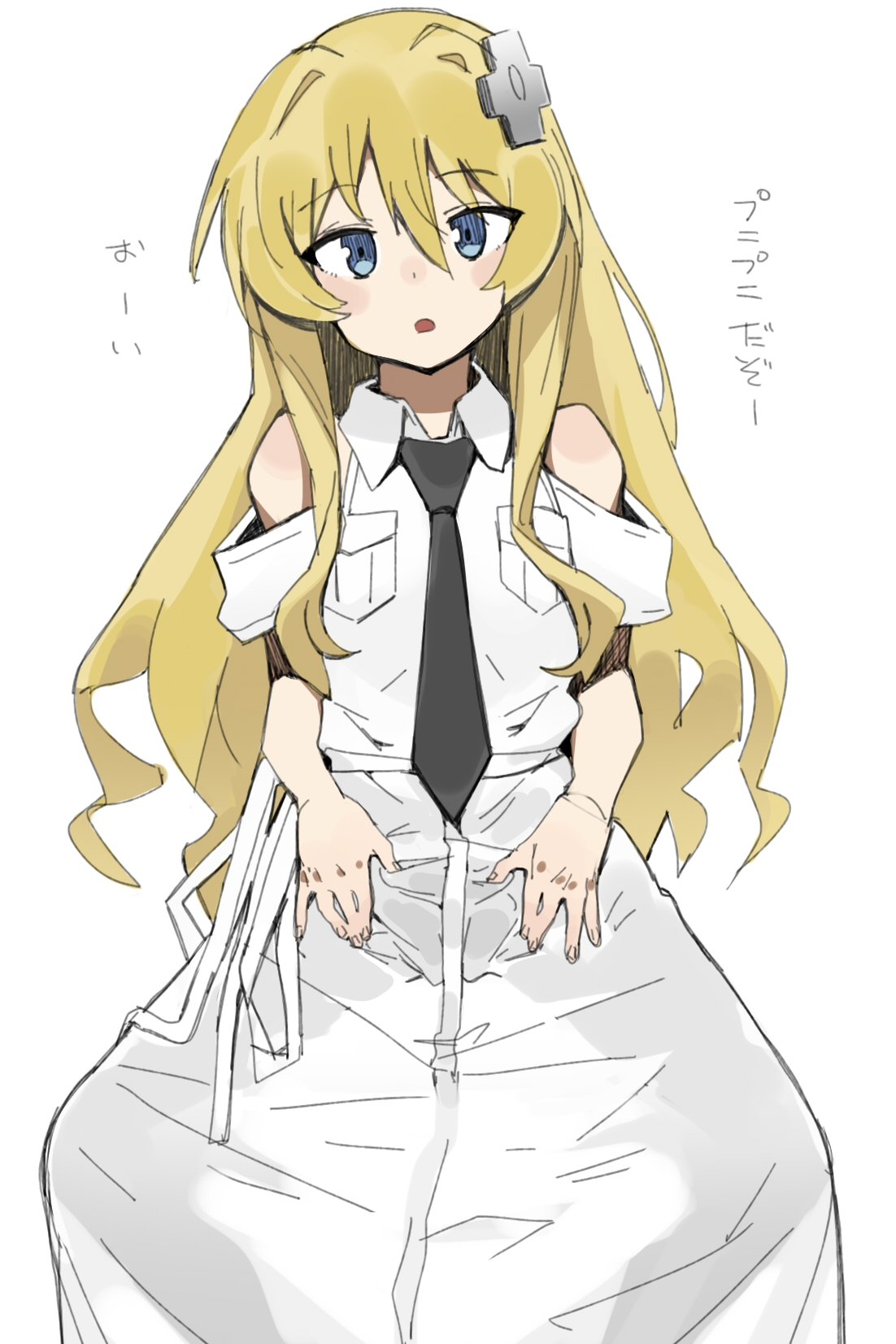 1girl alice_(sentouin_hakenshimasu!) black_neckwear blonde_hair blue_eyes dress ettone eyebrows_visible_through_hair hair_between_eyes hair_ornament highres long_hair looking_at_viewer necktie sentouin_hakenshimasu! simple_background solo translation_request white_background white_dress