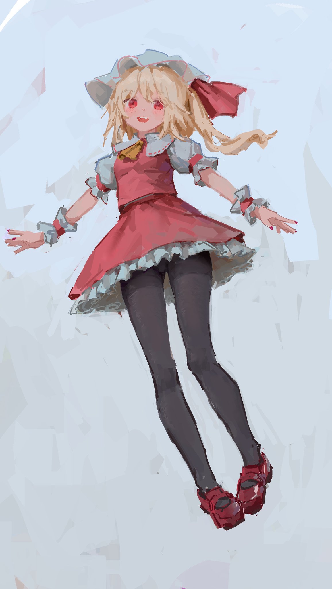 1girl ascot blonde_hair bow flandre_scarlet frilled_shirt frilled_shirt_collar frilled_skirt frilled_sleeves frills hat hat_ribbon highres long_legs mary_janes medium_hair mob_cap no_wings puffy_short_sleeves puffy_sleeves red_bow red_eyes red_ribbon red_skirt red_vest reddizen ribbon shirt shoes short_sleeves side_ponytail skirt skirt_set smile thigh-highs touhou vest white_shirt wrist_cuffs yellow_neckwear