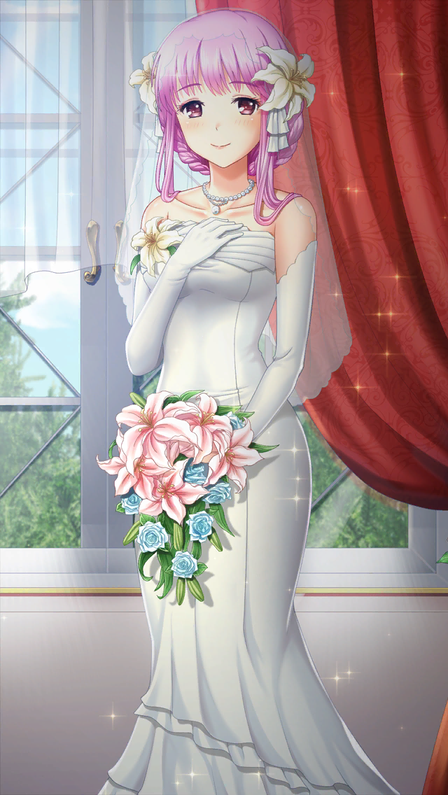 1girl bouquet breasts closed_mouth collarbone curtains doukyuusei doukyuusei_another_world dress elbow_gloves flower game_cg gloves hair_flower hair_ornament holding holding_bouquet indoors jewelry long_dress looking_at_viewer medium_breasts necklace official_art pink_flower pink_hair red_eyes sakuragi_mai sleeveless sleeveless_dress smile solo sparkle standing strapless strapless_dress tied_hair wedding_dress white_dress white_flower white_gloves