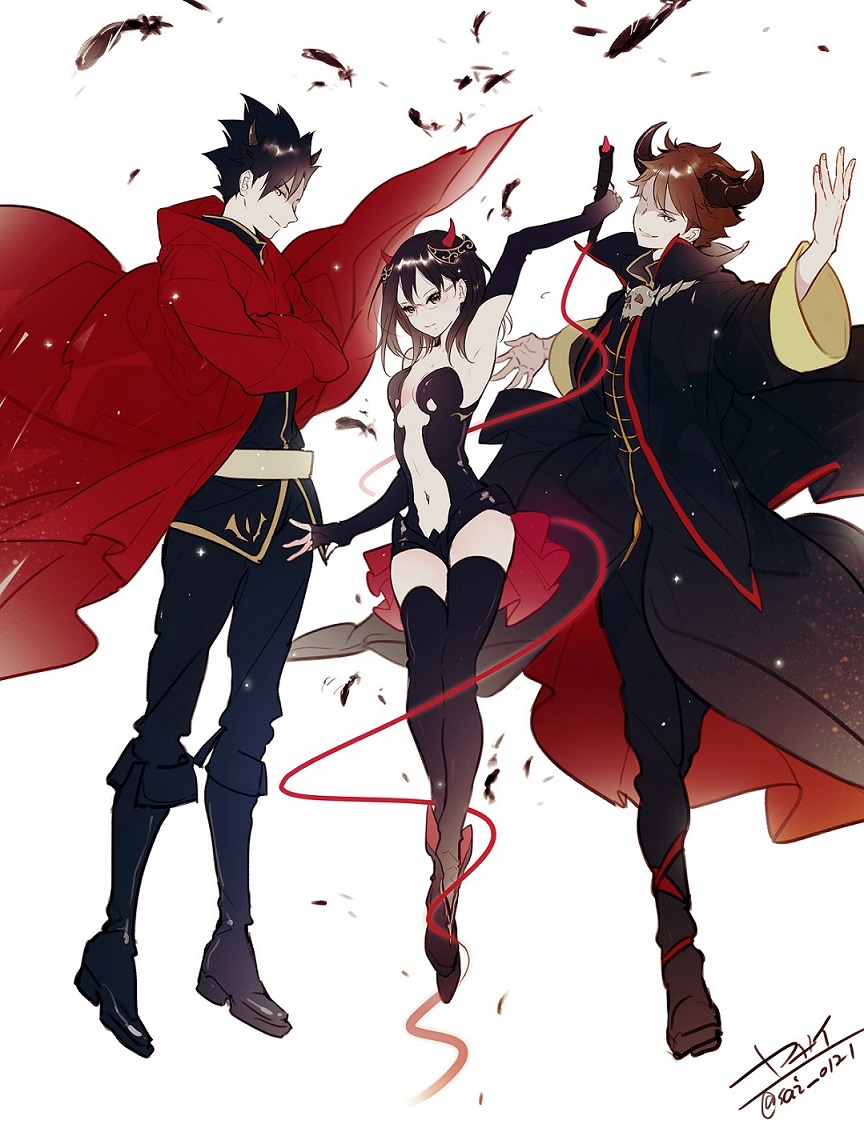 1girl 2boys arm_up black_cloak black_footwear black_hair boots breasts brown_hair cloak crossed_arms demon_boy demon_girl demon_horns feathers full_body haikyuu!! horns knee_boots kuroo_tetsurou looking_at_viewer medium_hair mole mole_under_mouth multiple_boys navel oikawa_tooru_(haikyuu!!) red_cloak revealing_clothes rimless_eyewear shimizu_kiyoko short_hair smile whip wide_sleeves yasai_(getsu)