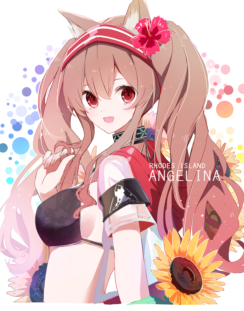 1girl :d a.a_(aa772) angelina_(arknights) animal_ears arknights bikini black_bikini blush breasts brown_hair character_name clothes_writing flower fox_ears from_side hair_flower hair_ornament hair_twirling hairband hibiscus infection_monitor_(arknights) long_hair looking_at_viewer looking_to_the_side medium_breasts multicolored multicolored_background open_mouth pink_flower red_eyes red_hairband rhodes_island_logo see-through short_sleeves sidelocks smile solo sunflower swimsuit twintails two-tone_hairband upper_body yellow_flower