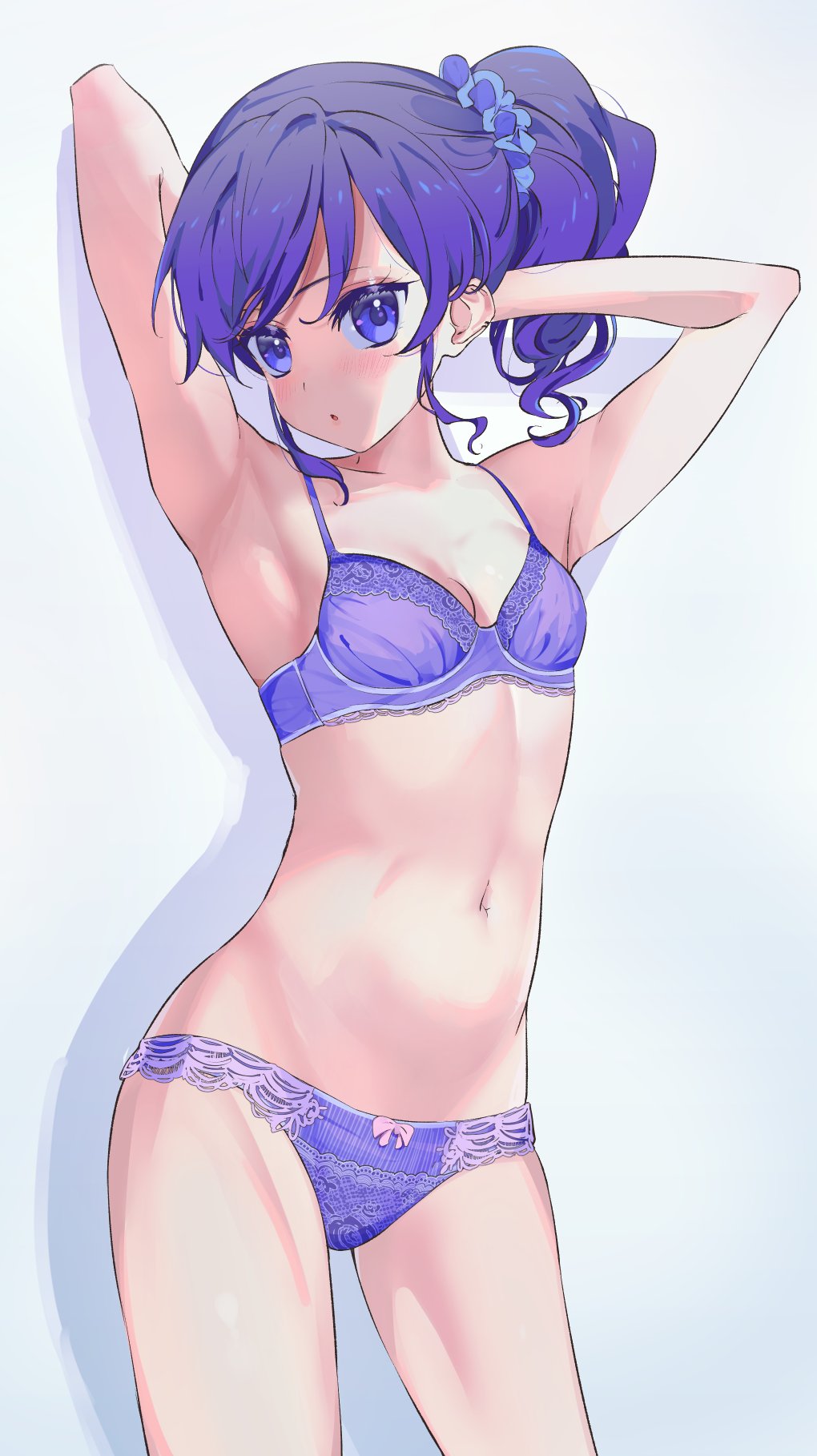 1girl :o aikatsu! aikatsu!_(series) armpits arms_up bangs blue_bra blue_eyes blue_hair blue_panties blue_scrunchie bow bow_panties bra breasts cowboy_shot hands_in_hair highres kiriya_aoi lace-trimmed_bra lace_trim long_hair looking_at_viewer medium_hair navel panties parted_lips scrunchie shadow side_ponytail small_breasts solo standing swept_bangs underwear underwear_only yamamura_saki