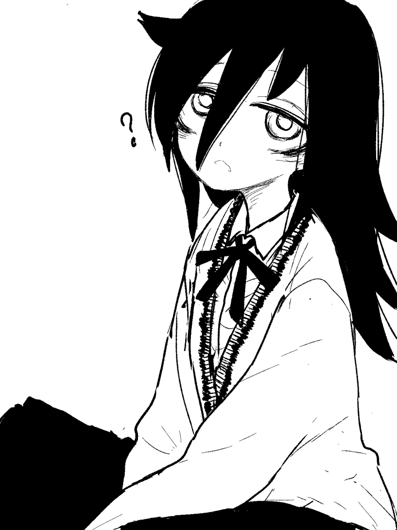 1girl :&lt; ? bags_under_eyes bangs between_legs big_eyes cardigan from_side greyscale hair_between_eyes hand_between_legs hands_on_lap hatching_(texture) kuroki_tomoko linear_hatching long_bangs long_hair long_sleeves looking_at_viewer looking_to_the_side looking_up monochrome nagayama_(zappazappa) neck_ribbon parted_lips ribbon simple_background sitting solo triangle_mouth watashi_ga_motenai_no_wa_dou_kangaetemo_omaera_ga_warui! white_background wing_collar