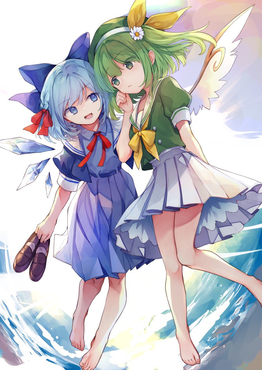 2girls abstract_background alternate_costume alternate_hairstyle arm_behind_back bangs barefoot blue_bow blue_dress blue_eyes blue_hair bow bowtie braid buttons cirno closed_mouth commentary daisy daiyousei dress eyebrows_visible_through_hair flower green_eyes green_hair green_headwear green_serafuku hair_bow hair_flower hair_ornament hair_ribbon hand_up hat hat_ribbon highres holding holding_shoes ice ice_wings loafers multiple_girls one_side_up open_mouth petticoat pleated_skirt puffy_short_sleeves puffy_sleeves red_ribbon ribbon risui_(suzu_rks) sailor_collar school_uniform serafuku shoes shoes_removed short_hair short_sleeves sidelocks skirt smile symbol_commentary touhou white_flower white_skirt wing_collar wings yellow_bow yellow_ribbon