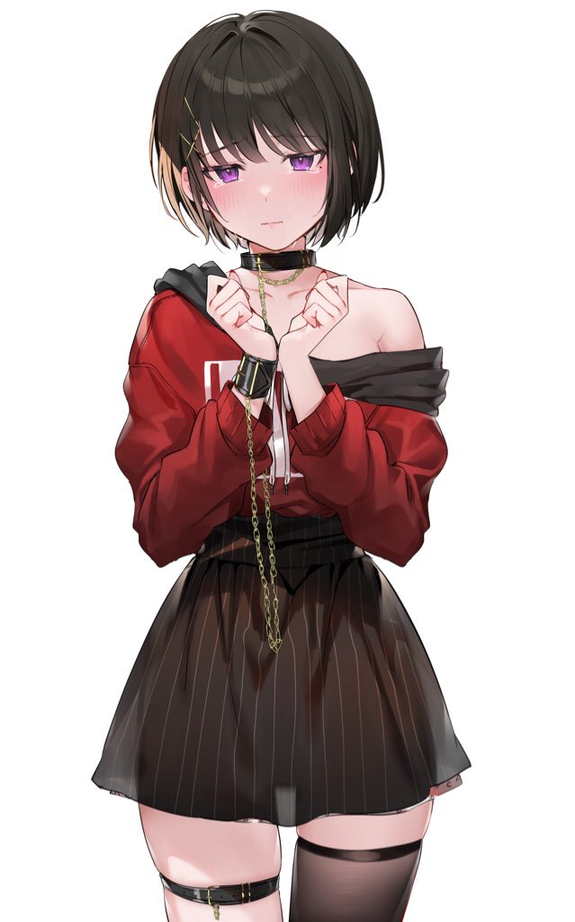 1girl bangs black_hair black_legwear black_skirt blush buckle closed_eyes closed_mouth collar collarbone commentary_request cowboy_shot crying crying_with_eyes_open cuffs high-waist_skirt leash long_sleeves mole mole_under_eye original red_sweater see-through shackles short_hair single_bare_shoulder single_thighhigh skirt solo striped sweater tears thigh-highs thigh_strap vertical-striped_skirt vertical_stripes violet_eyes wavy_mouth xretakex