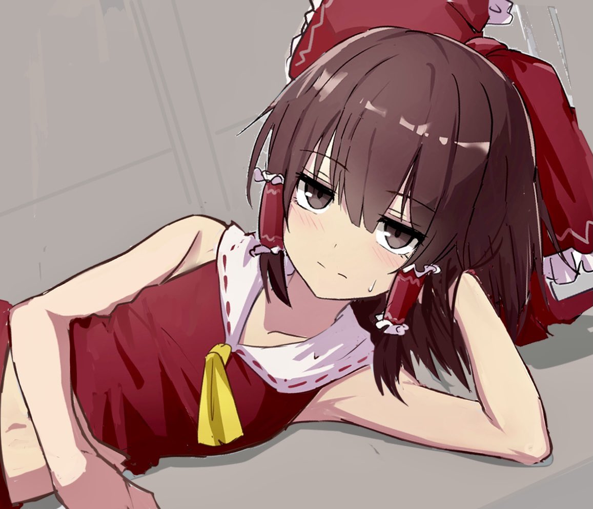 1girl ascot bangs bow breasts brown_eyes brown_hair closed_mouth eha7y eyebrows_visible_through_hair face hair_between_eyes hair_bow hair_tubes hakurei_reimu long_hair looking_at_viewer lying midriff navel on_side red_bow red_skirt red_vest skirt small_breasts solo sweat touhou upper_body vest yellow_neckwear