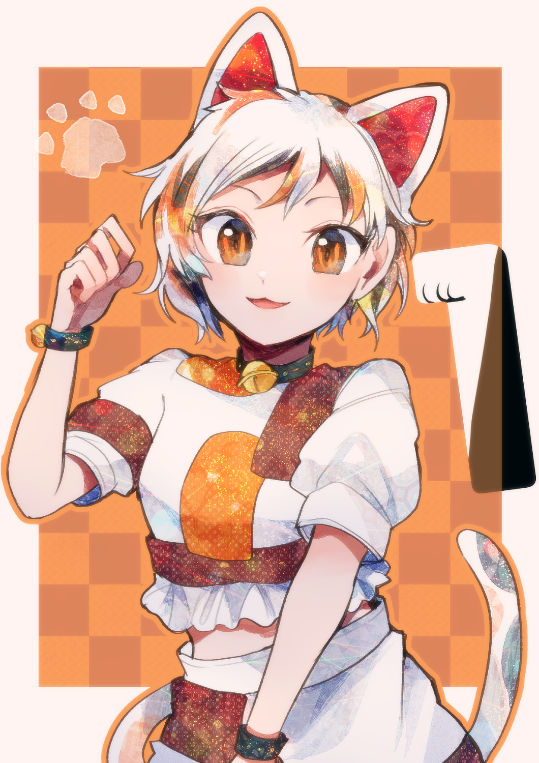 1girl animal_ears cat_ears cat_tail goutokuji_mike hand_up highres itomugi-kun open_mouth orange_background orange_eyes shirt short_hair short_sleeves shorts smile square tail touhou white_hair white_shirt white_shorts wristband