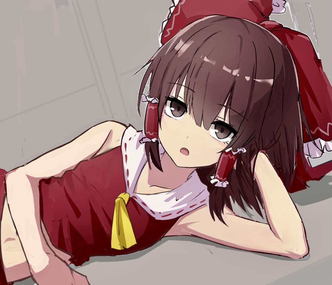 1girl ascot bangs bow breasts brown_eyes brown_hair eha7y eyebrows_visible_through_hair face hair_between_eyes hair_bow hair_tubes hakurei_reimu long_hair looking_at_viewer lying midriff navel on_side open_mouth red_bow red_skirt red_vest skirt small_breasts solo touhou upper_body vest yellow_neckwear