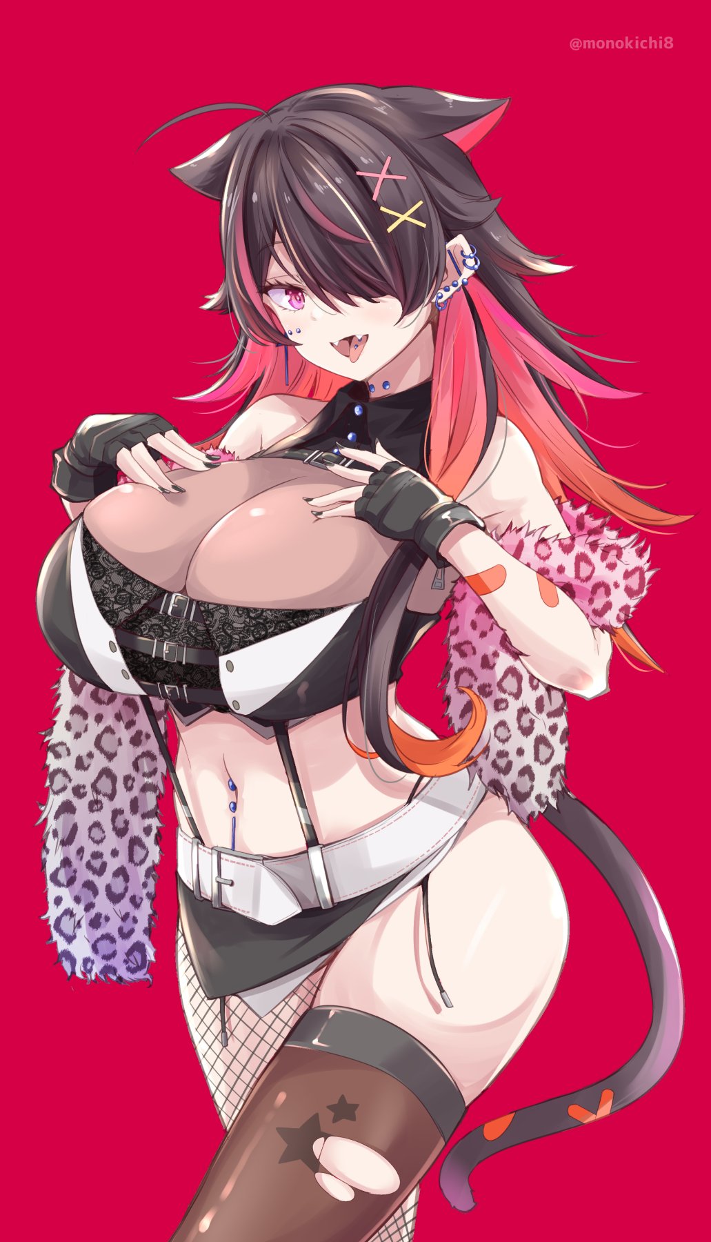 1girl ahoge animal_ears animal_print belt black_gloves black_hair black_nails breasts brown_legwear cat_ears cat_tail copyright_request ear_piercing fangs fingerless_gloves fingernails fishnet_legwear fishnets gloves hair_ornament hair_over_one_eye highres huge_breasts kichihachi leopard_print long_hair looking_at_viewer mismatched_legwear multicolored_hair nail_polish navel navel_piercing open_mouth piercing pink_eyes print_legwear red_background redhead simple_background single_thighhigh solo star_(symbol) star_print suspenders tail thigh-highs thighs tongue tongue_out torn_clothes torn_legwear twitter_username two-tone_hair white_belt x_hair_ornament