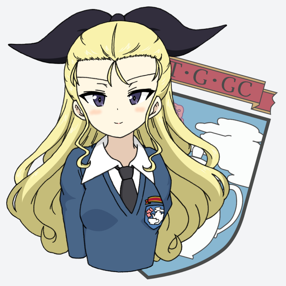 1girl assam_(girls_und_panzer) black_neckwear black_ribbon blonde_hair blue_eyes blue_sweater commentary_request cropped_torso dress_shirt emblem girls_und_panzer grey_background hair_pulled_back hair_ribbon ichinose_jun long_hair long_sleeves looking_at_viewer necktie ribbon school_uniform shirt simple_background solo st._gloriana's_(emblem) st._gloriana's_school_uniform sweater v-neck white_shirt wing_collar