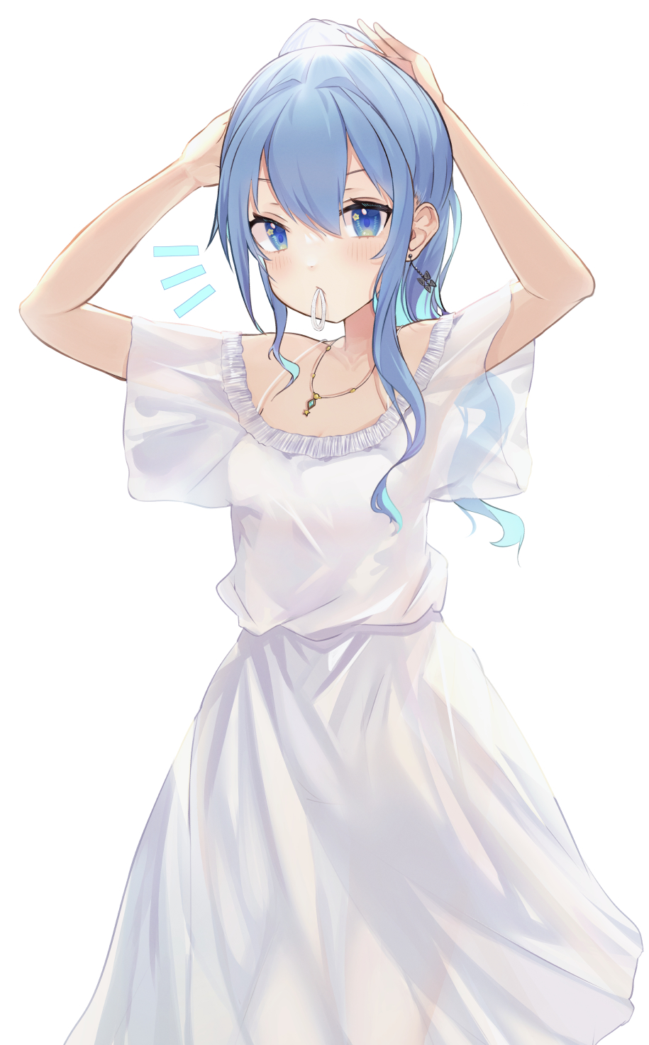1girl alternate_costume alternate_hairstyle amaton707 arms_up bare_shoulders blue_eyes blue_hair dress earrings hair_tie hair_tie_in_mouth highres hololive hoshimachi_suisei jewelry mouth_hold necklace ponytail see-through simple_background virtual_youtuber white_background white_dress
