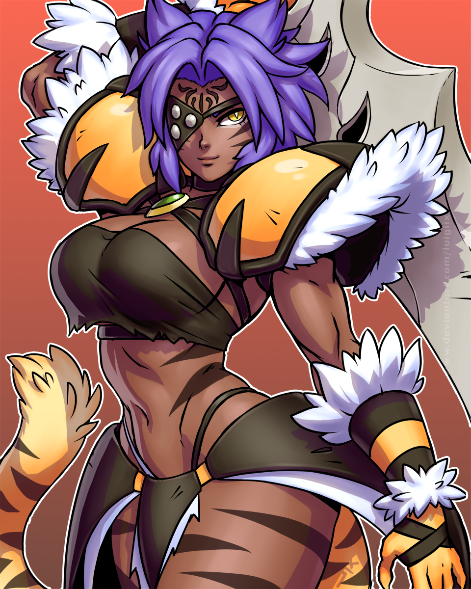 1girl armor barbarian breasts dark_skin english_commentary eyepatch faulds fur_trim highres holding holding_sword holding_weapon large_breasts looking_at_viewer luigiix navel outline over_shoulder purple_hair red_background shia_kahn shoulder_armor slit_pupils solo sword sword_over_shoulder tail tattoo tiger_girl tiger_stripes tiger_tail toned vambraces varvarion weapon weapon_over_shoulder white_outline yellow_eyes