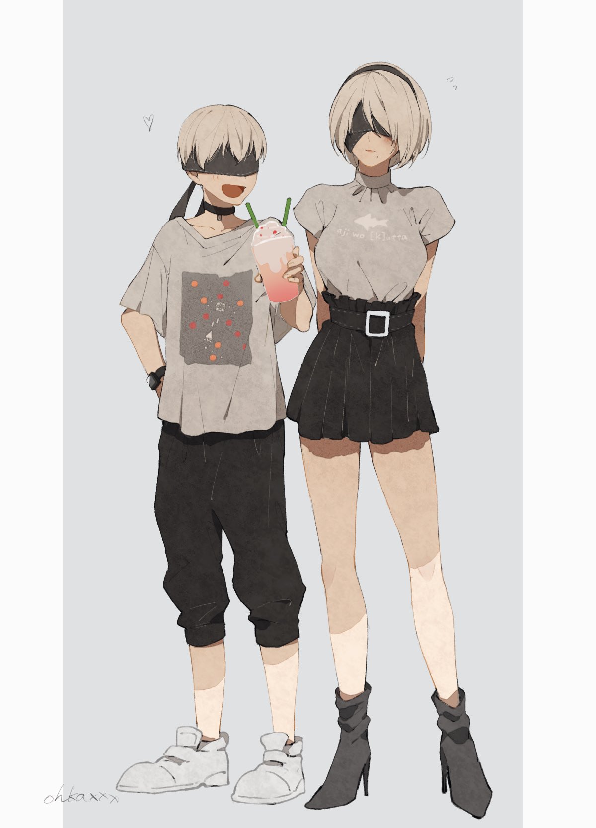 1boy 1girl arms_behind_back belt black_blindfold black_footwear black_hairband blindfold blush breasts choker closed_mouth collarbone commentary_request covered_eyes cup disposable_cup grey_background grey_hair grey_shirt hairband heart high_heels highres holding holding_cup long_pants medium_breasts miniskirt mole mole_under_mouth nier_(series) nier_automata open_mouth ouka_(stan) pants shirt shoes short_hair short_sleeves simple_background skirt smile watch watch white_background white_footwear yorha_no._2_type_b yorha_no._9_type_s