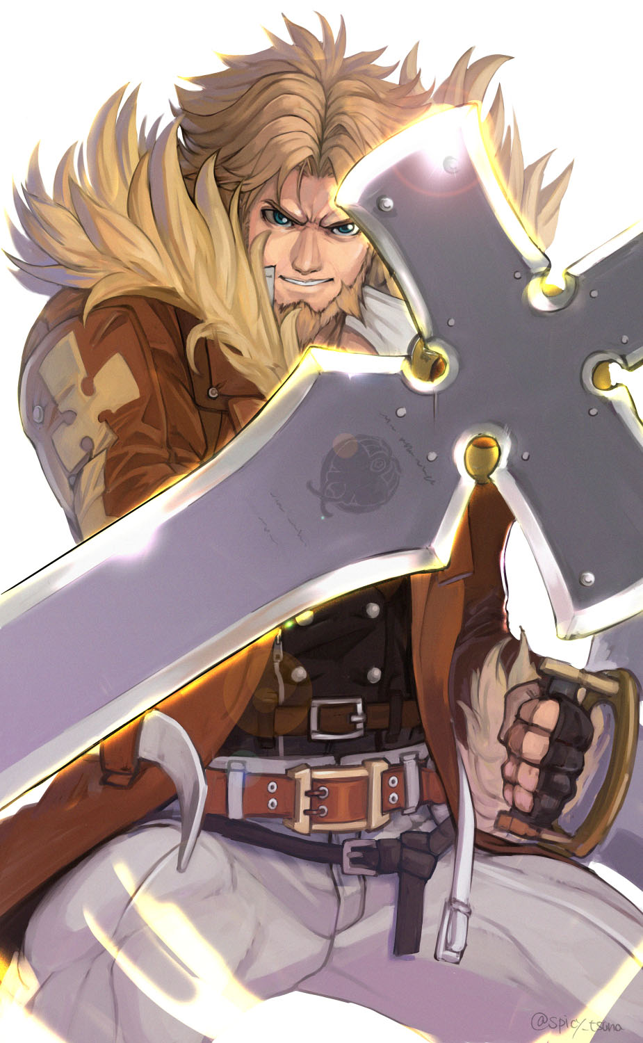 1boy artist_name beard belt belt_buckle black_gloves blonde_hair brown_belt brown_jacket buckle buttons commentary_request double-breasted dual_wielding facial_hair fingerless_gloves fur-trimmed_jacket fur-trimmed_sleeves fur_trim furrowed_eyebrows gloves green_eyes guilty_gear guilty_gear_strive highres holding holding_weapon jacket lens_flare leo_whitefang male_focus multiple_belts open_clothes open_jacket pants solo tsuna_(akmu8832) twitter_username weapon white_background white_pants