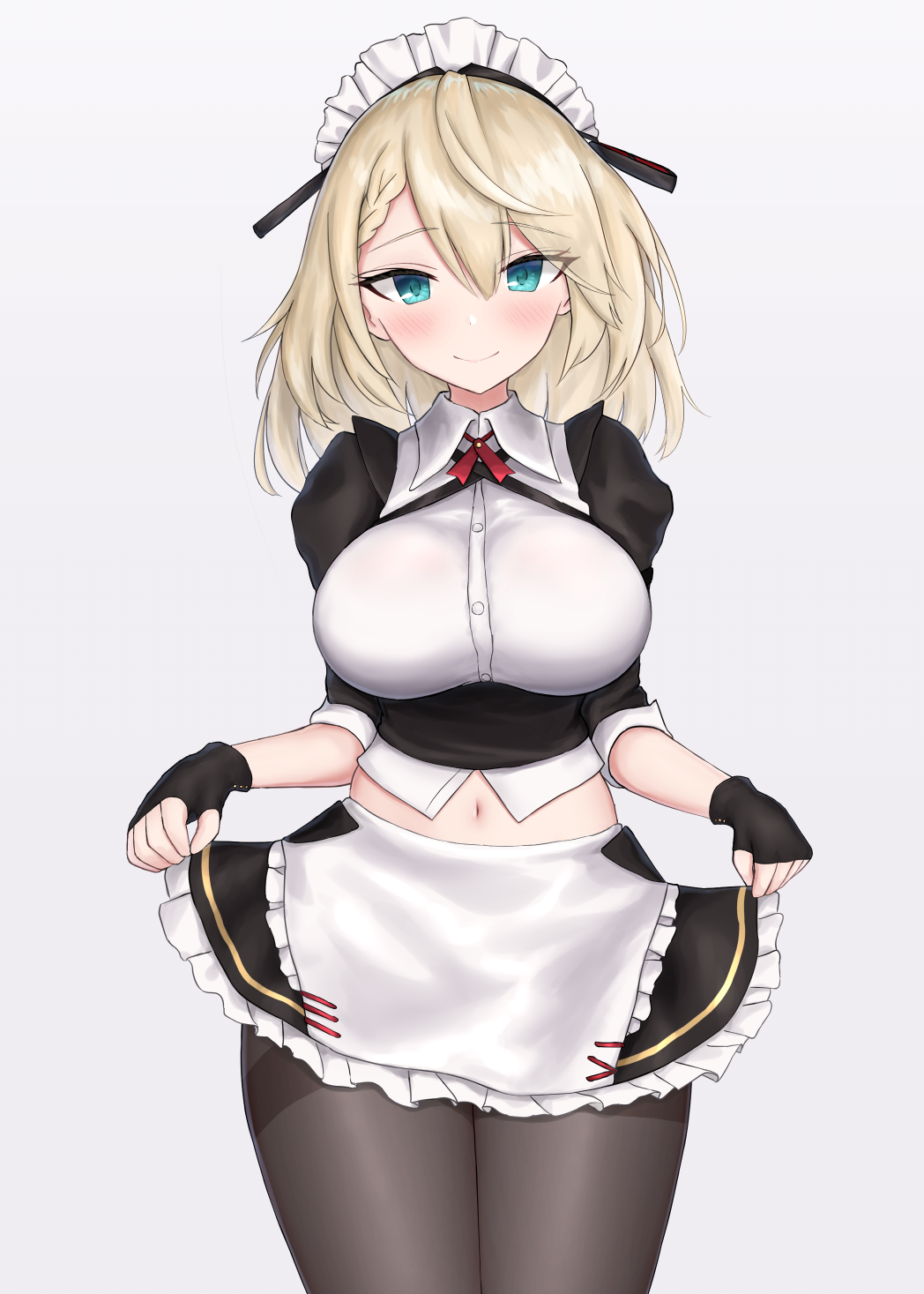 1girl apron aqua_hair blonde_hair braid clip_studio_paint_(medium) g36_(girls_frontline) girls_frontline highres maid maid_apron maid_headdress medium_hair navel nezumi7983 pantyhose skindentation skirt skirt_lift solo