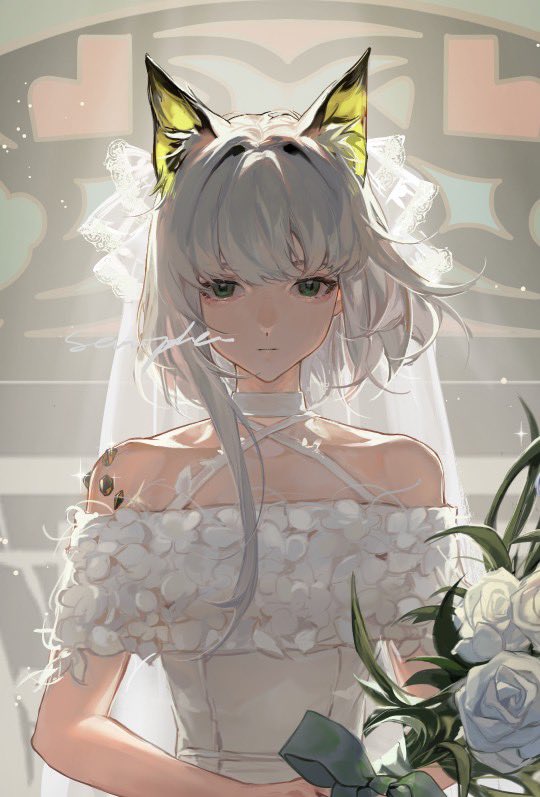 1girl alternate_costume animal_ear_fluff animal_ears arknights asymmetrical_hair backlighting bouquet breasts bridal_veil cat_ears closed_mouth collarbone commentary criss-cross_halter dress expressionless flower green_eyes halterneck holding holding_bouquet kal'tsit_(arknights) light_particles looking_at_viewer oripathy_lesion_(arknights) pamafff rose signature small_breasts solo sparkle upper_body veil wedding_dress white_dress white_flower white_hair white_rose