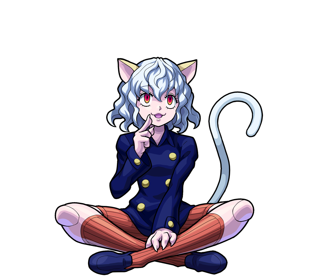 1other animal_ears blue_footwear blue_jacket cat_ears cat_girl cat_tail claws doll_joints hunter_x_hunter jacket joints monster_strike neferpitou official_art striped striped_legwear tail vertical-striped_legwear vertical_stripes white_hair