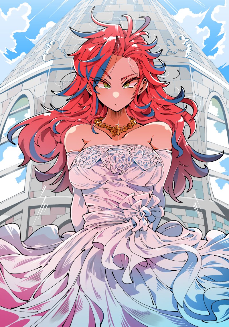 1girl bare_shoulders blue_hair blue_sky breasts commission dot_mouth dress elbow_gloves gloves green_eyes jewelry kafun long_hair looking_at_viewer multicolored_hair necklace original ral_(mac) redhead sky solo wedding_dress white_dress white_gloves