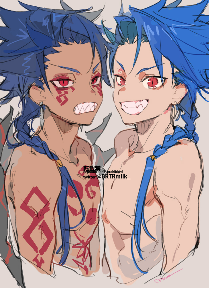 2boys age_regression blue_hair bodypaint closed_mouth cu_chulainn_(fate)_(all) cu_chulainn_alter_(fate/grand_order) earrings facepaint fate/grand_order fate/grand_order_arcade fate_(series) grin jewelry long_hair looking_at_viewer male_focus multiple_boys ponytail red_eyes setanta_(fate) sharp_teeth shirasuboshiboshi shirtless simple_background sketch slit_pupils smile spiky_hair tail tan teeth twitter_username younger