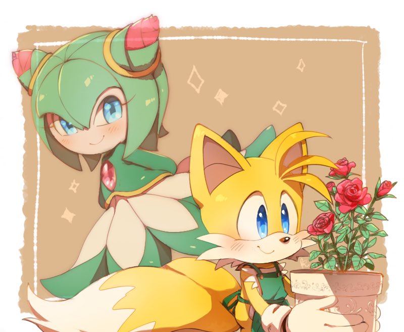 1boy 1girl animal_nose blue_eyes blush closed_mouth cosmo_(sonic) flower fox_boy furry misuta710 monster_girl multiple_tails plant plant_girl red_flower red_rose rose smile snout sonic_(series) sonic_x tail tails_(sonic) two_tails vase