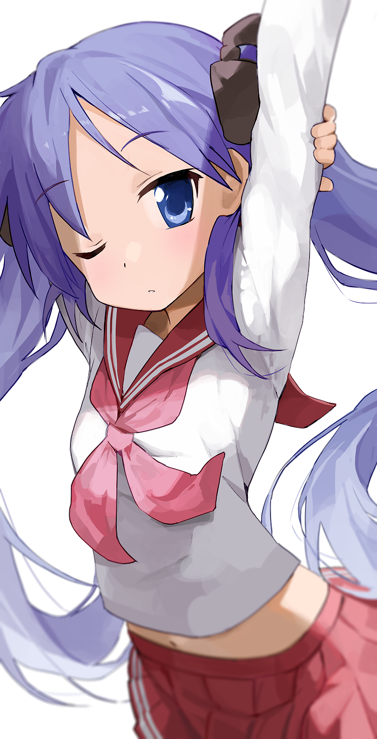 arm_up blue_eyes highres hiiragi_kagami hiroki_(yyqw7151) long_sleeves looking_at_viewer lucky_star one_eye_closed purple_hair red_skirt school_uniform serafuku simple_background skirt white_background