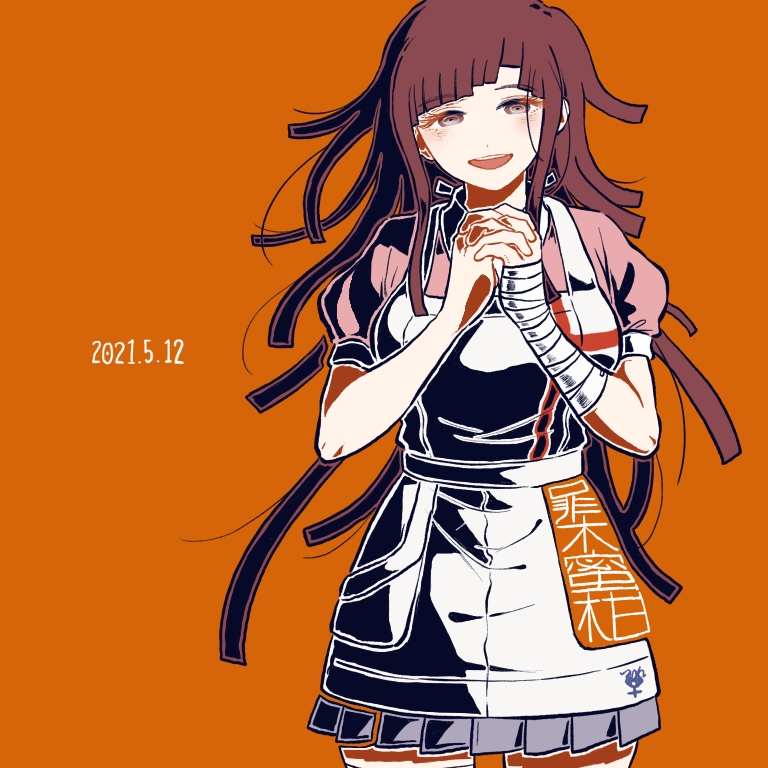 1girl :d apron bandaged_arm bandages bangs blunt_bangs blush breasts brown_hair commentary_request cowboy_shot dangan_ronpa_(series) dangan_ronpa_2:_goodbye_despair eyebrows_visible_through_hair hands_clasped hands_together interlocked_fingers kiri_(2htkz) long_hair looking_at_viewer nurse open_mouth orange_background own_hands_together puffy_short_sleeves puffy_sleeves short_sleeves simple_background skirt smile solo translation_request tsumiki_mikan uniform