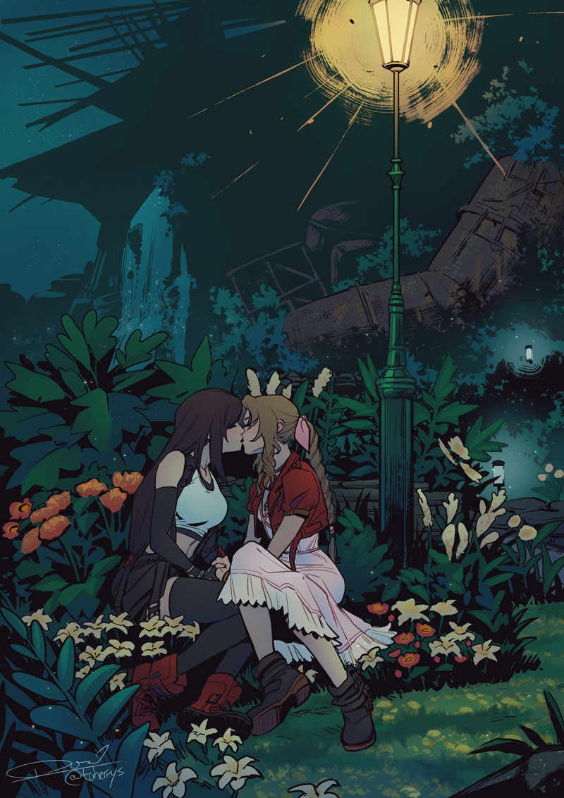 aerith_gainsborough black_hair black_skirt brown_hair closed_eyes crop_top cropped_jacket dress final_fantasy final_fantasy_vii final_fantasy_vii_remake flower grass jacket kiss lamppost long_hair low-tied_long_hair night pink_dress plant red_jacket skirt suspenders thigh-highs tifa_lockhart toherrys yuri