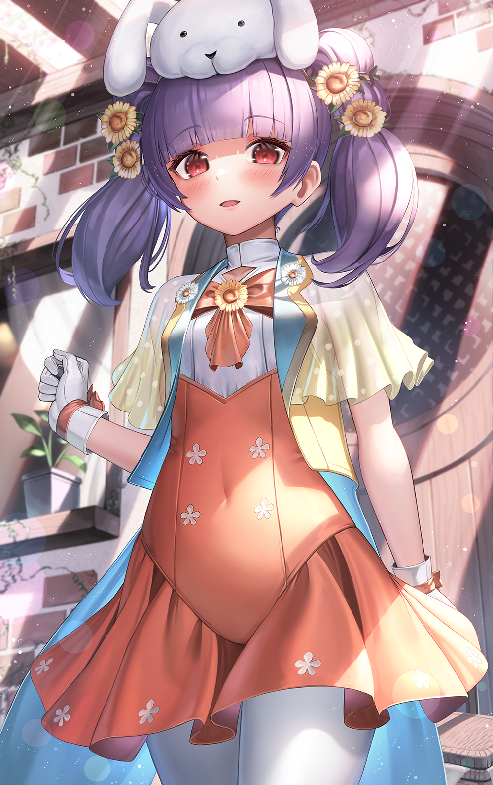 1girl animal_hat bangs blunt_bangs blush cape commentary commission eyebrows_visible_through_hair fire_emblem fire_emblem_heroes flower gloves hair_flower hair_ornament hat high-waist_skirt highres looking_at_viewer myrrh_(fire_emblem) open_mouth orange_skirt pantyhose purple_hair red_eyes shirt skeb_commission skirt solo suraimu_(suraimuraimu) twintails two-sided_cape two-sided_fabric white_gloves white_legwear white_shirt yellow_flower