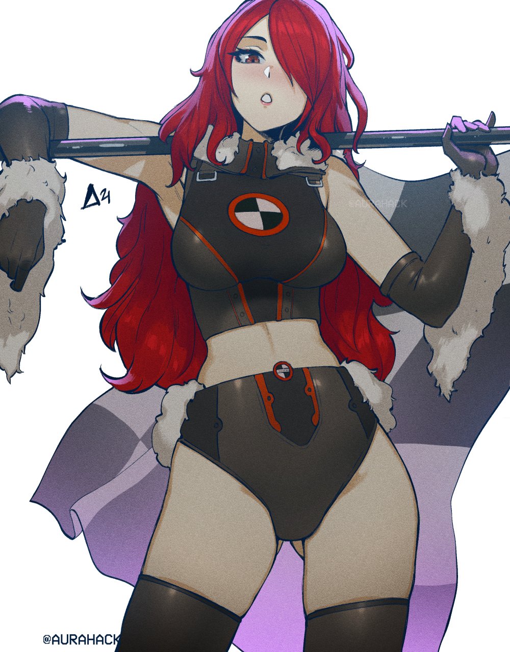 1girl :o ass_visible_through_thighs aurahack bangs black_gloves breasts character_request copyright_request crop_top elbow_gloves flag fur_trim gloves head_tilt highres holding holding_flag kirijou_mitsuru looking_down medium_breasts one_eye_covered open_mouth persona persona_3 racequeen skin_tight solo thigh-highs