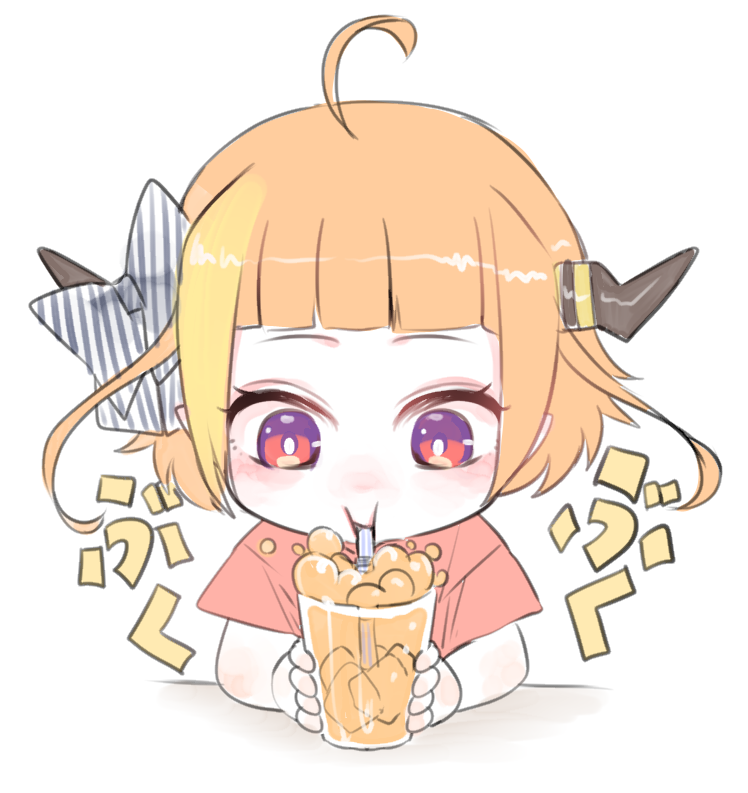 1girl ahoge alternate_costume alternate_hairstyle bangs blonde_hair blunt_bangs bow bright_pupils bubble bubble_blowing child commentary_request cup diagonal-striped_bow dragon_girl dragon_horns drinking_straw drinking_straw_in_mouth facing_viewer highlights holding holding_cup hololive horn_bow horns ice ice_cube isuka juice kiryu_coco looking_at_object multicolored multicolored_eyes multicolored_hair onomatopoeia orange_hair pointy_ears red_eyes short_hair short_sleeves sidelocks simple_background solo streaked_hair striped striped_bow upper_body violet_eyes virtual_youtuber white_background white_pupils younger