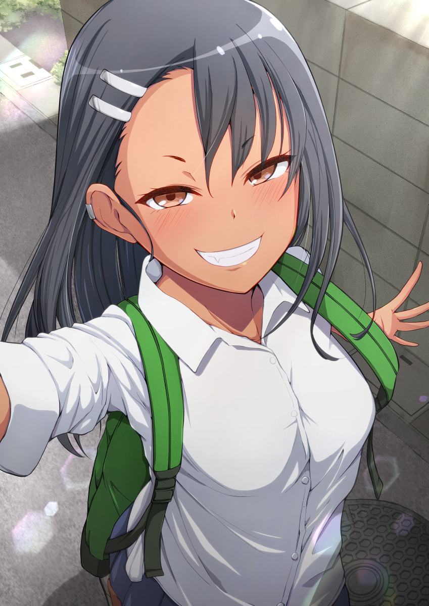 1girl arm_up asymmetrical_bangs backpack bag bangs black_hair blush breasts brown_eyes commentary_request dark_skin dark-skinned_female day ear_clip fang grin hair_ornament hairclip highres ijiranaide_nagatoro-san lens_flare long_hair looking_at_viewer nagatoro_hayase oshiza outdoors school_uniform selfie shirt skirt sleeves_pushed_up small_breasts smile solo straight_hair strap_pull white_shirt