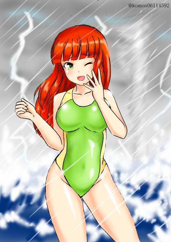 1girl bangs blunt_bangs blurry clouds cloudy_sky commentary_request contrapposto cowboy_shot de_ruyter_(kancolle) depth_of_field green_eyes green_swimsuit grey_sky kantai_collection kudou_(ooabareteng) lightning long_hair looking_at_viewer ocean one-piece_swimsuit one_eye_closed outdoors rain redhead sky smile solo storm swimsuit waves