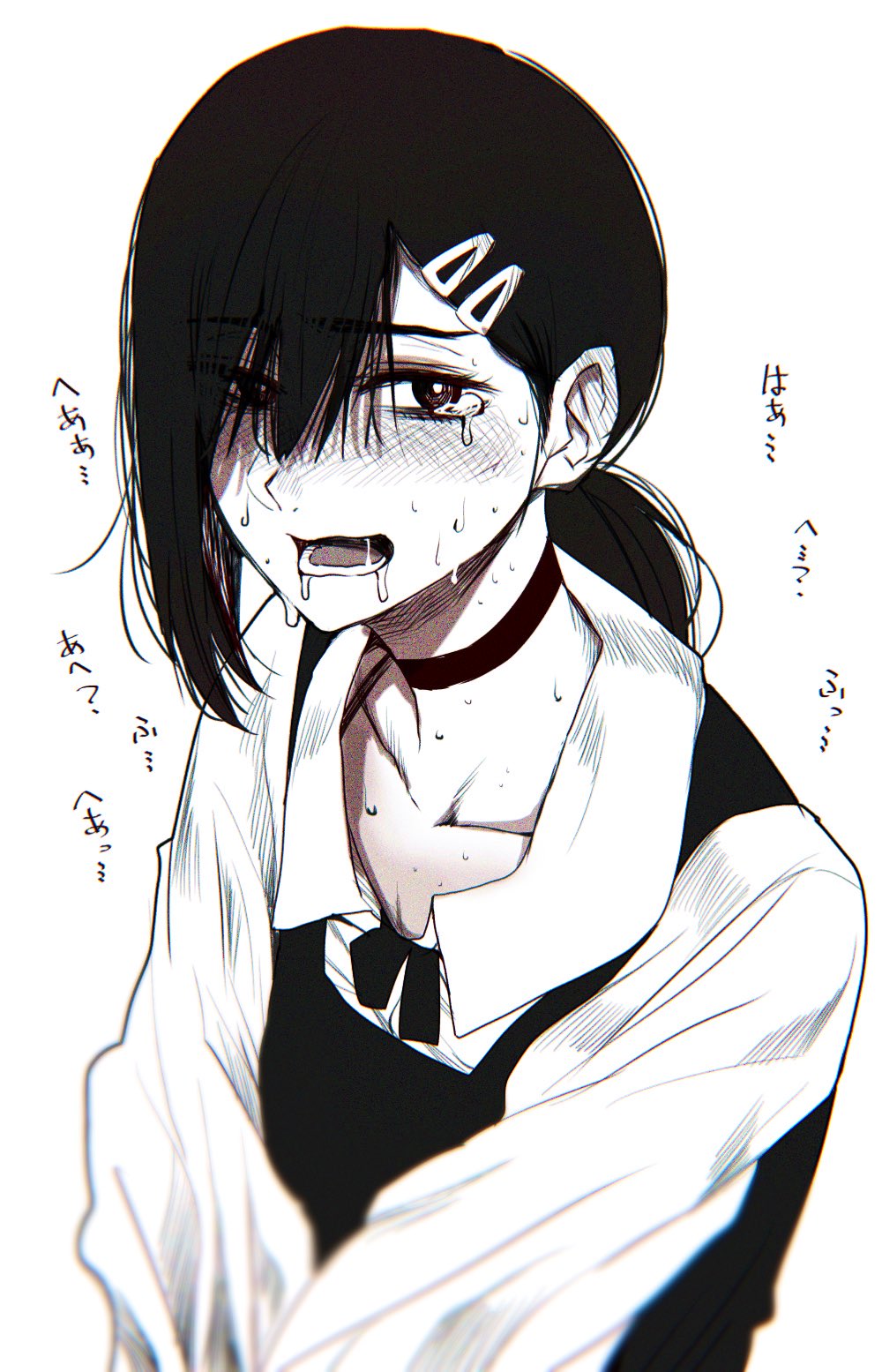 1girl asymmetrical_hair black_choker black_neckwear black_ribbon black_vest blurry blush breasts chainsaw_man choker collarbone collared_shirt commentary crying crying_with_eyes_open depth_of_field dress_shirt drooling eyebrows_visible_through_hair eyelashes eyes_visible_through_hair hair_between_eyes hair_ornament hairclip heavy_breathing higashiyama_kobeni highres hoshi_san_3 looking_at_viewer neck_ribbon nervous open_mouth ribbon saliva shirt short_hair short_ponytail simple_background small_breasts solo sweat sweating_profusely tears upper_body vest white_background white_shirt wing_collar